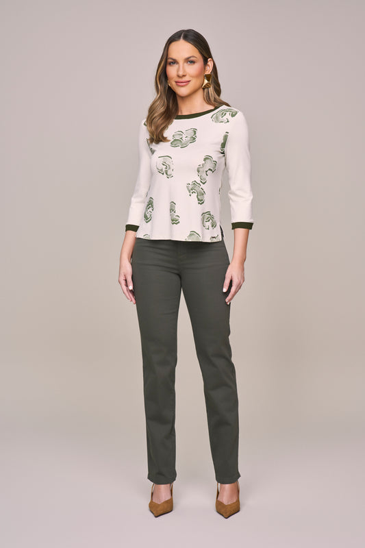 blusa malha manga 3/4 estampada com tricot