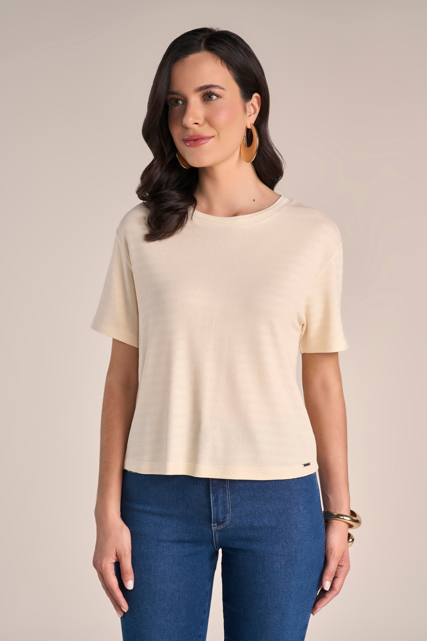 T-shirt Malha Manga Curta com Tricot
