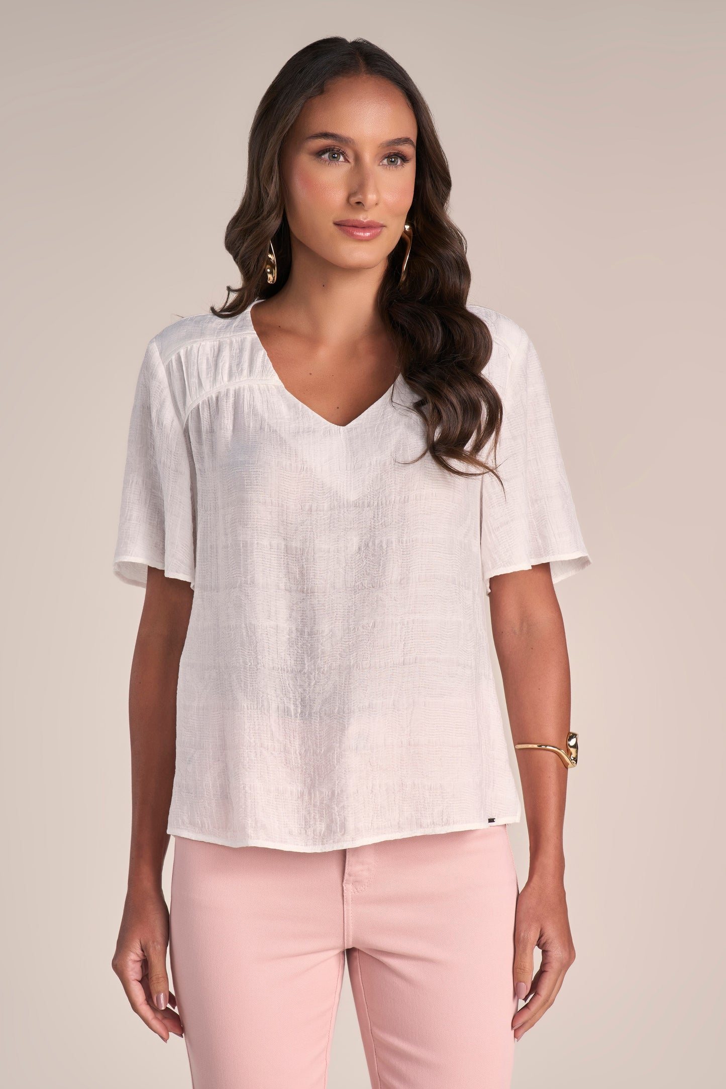 blusa viscose manga curta com detalhe franzido