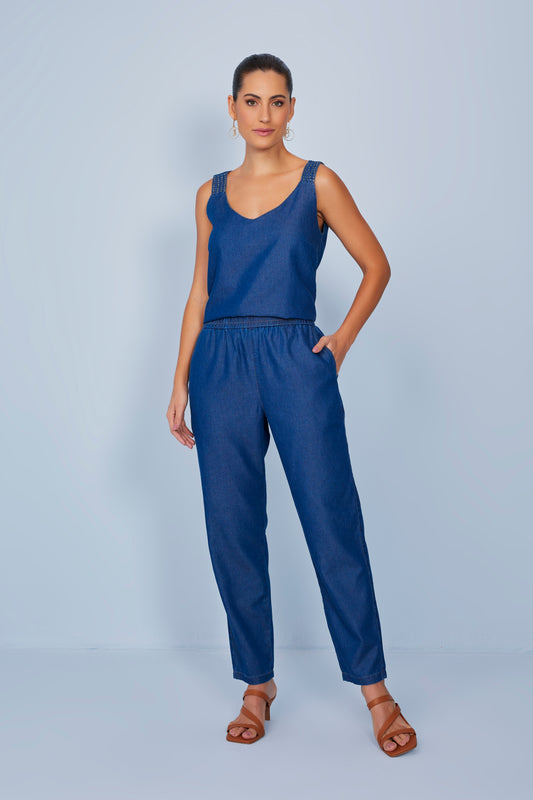 regata jeans alça larga com cristais