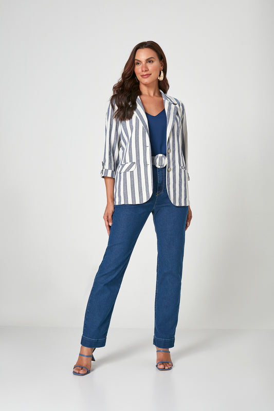 blazer algodão manga 3/4 listras navy