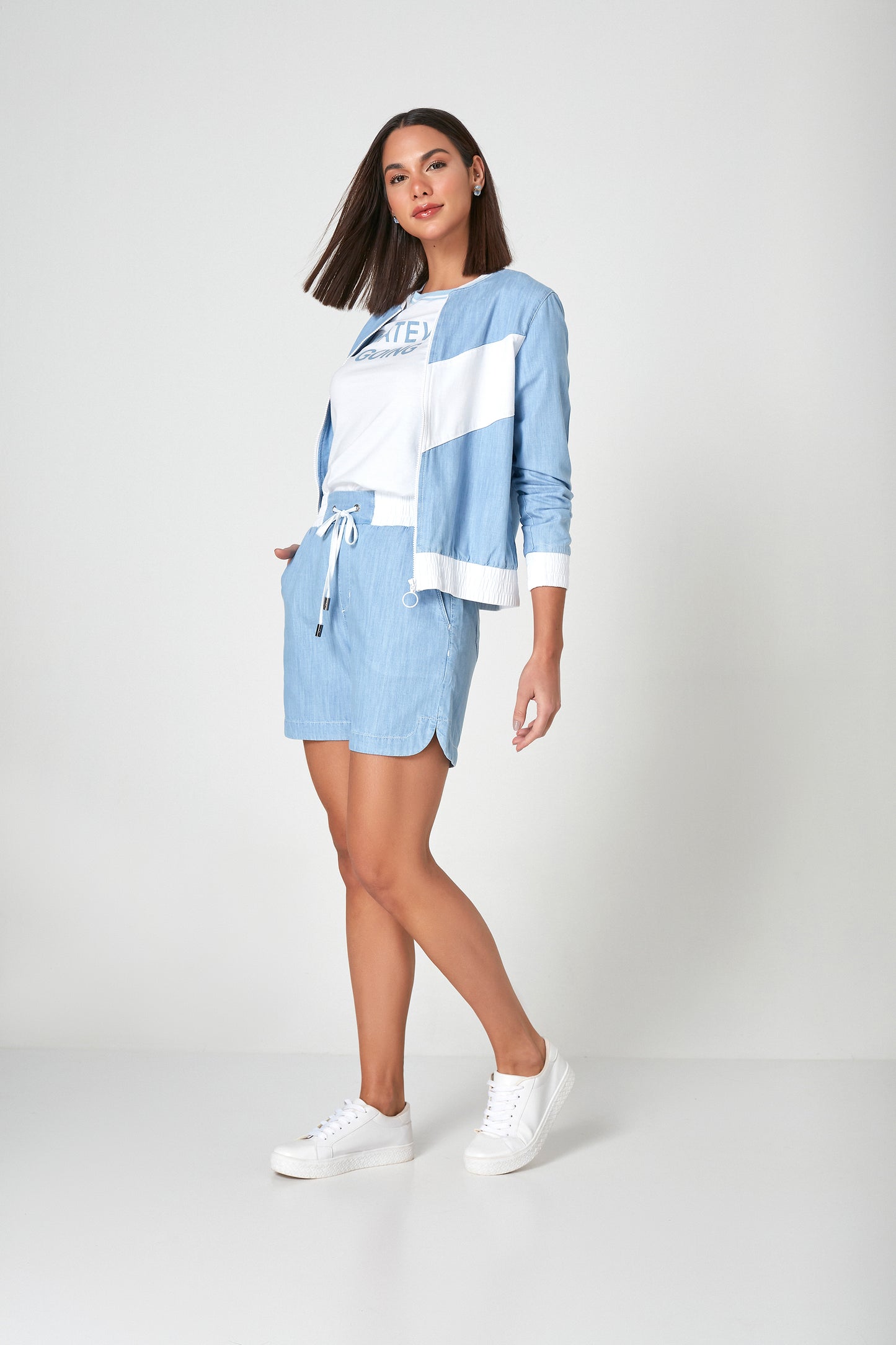 jaqueta jeans bomber bicolor
