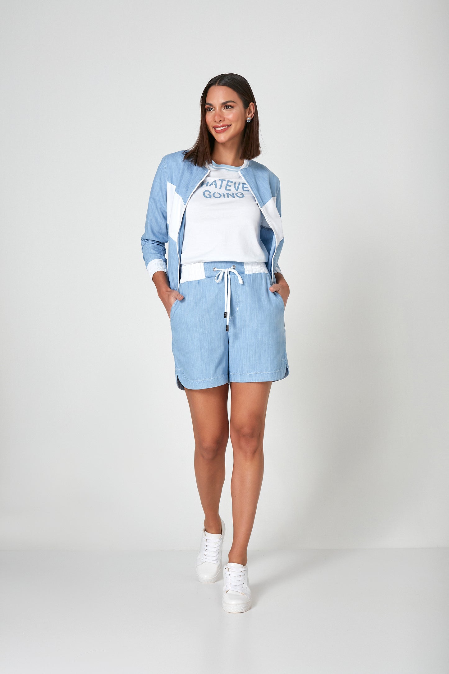 jaqueta jeans bomber bicolor