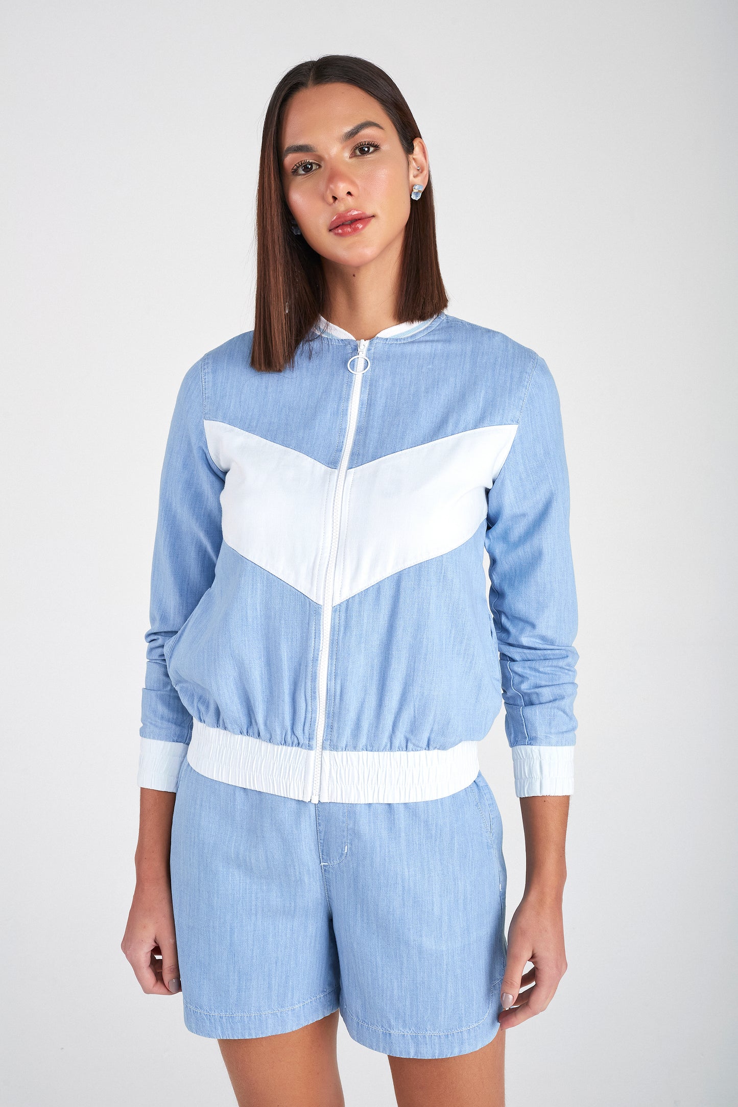 jaqueta jeans bomber bicolor