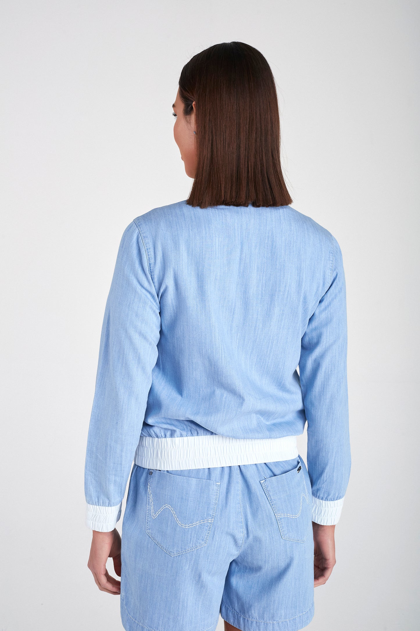 jaqueta jeans bomber bicolor