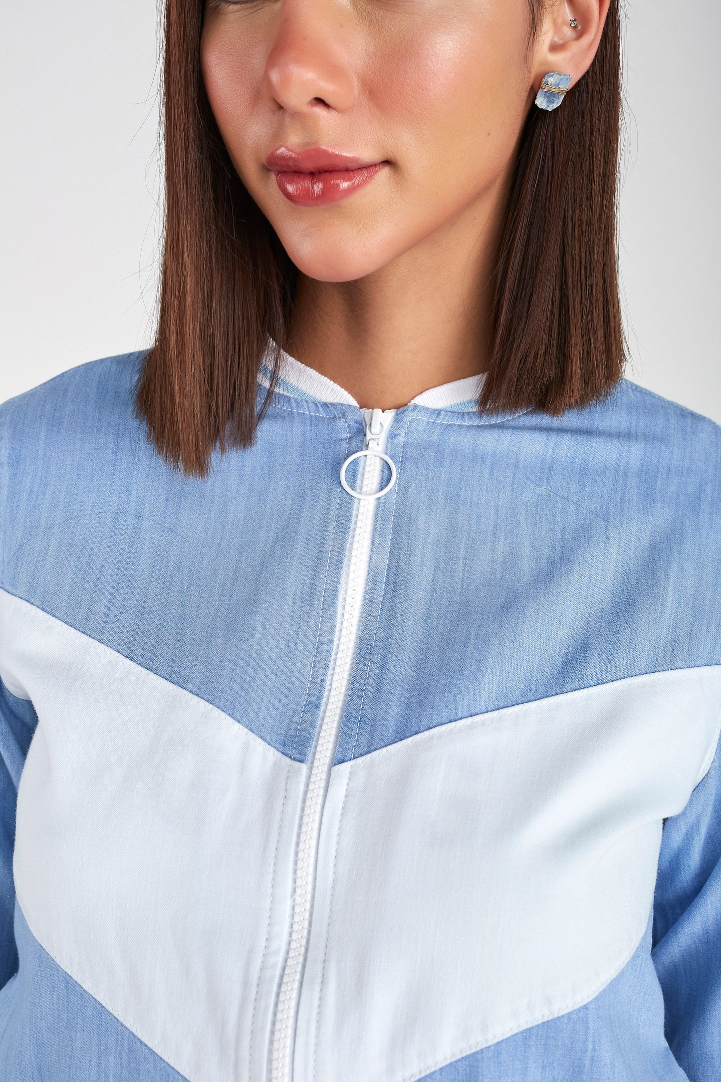 jaqueta jeans bomber bicolor