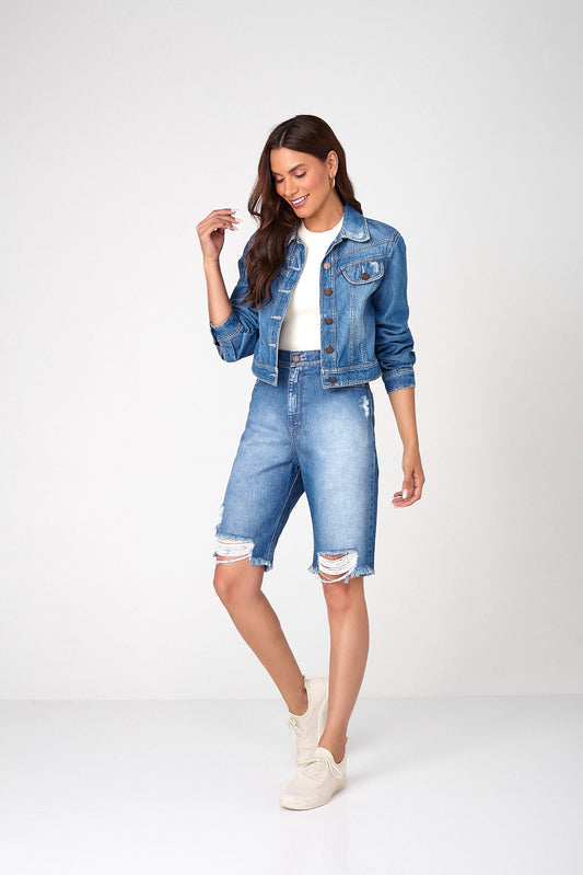 jaqueta jeans cropped com recortes