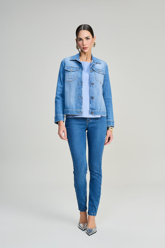 jaqueta jeans manga longa com nervuras
