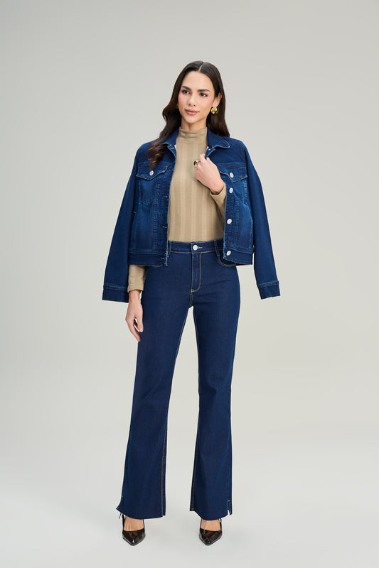 jaqueta jeans malha manga longa com detalhe a fio