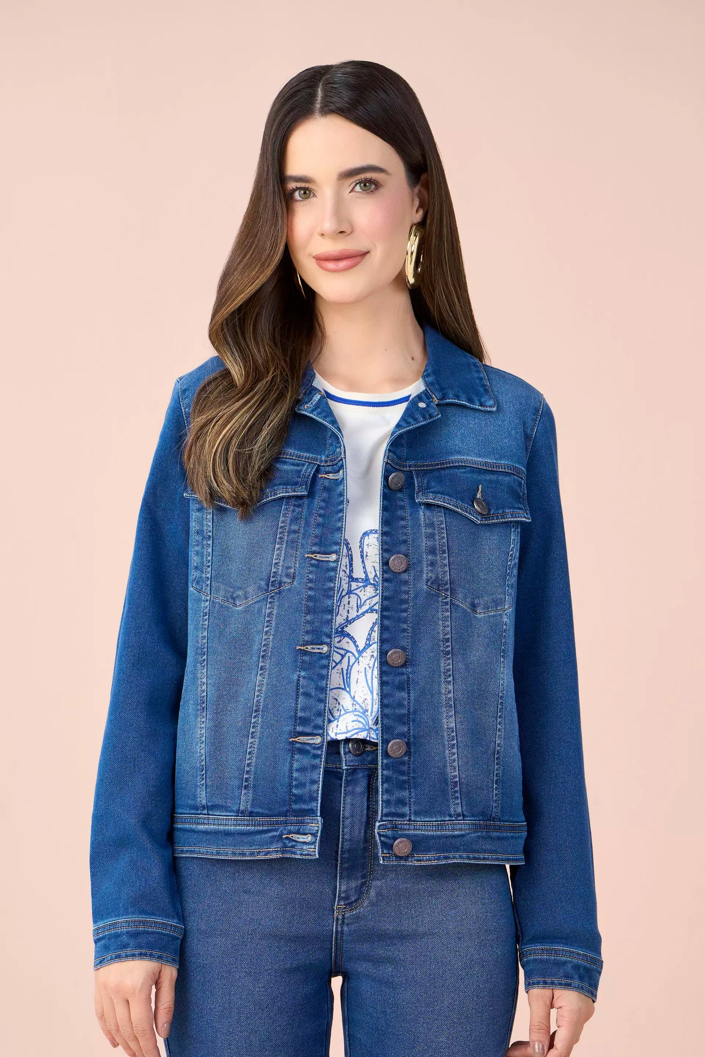 jaqueta jeans malha manga longa tradicional com bolsos