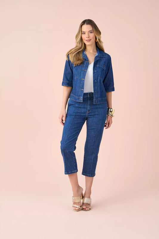 jaqueta jeans manga 3/4 com nervuras