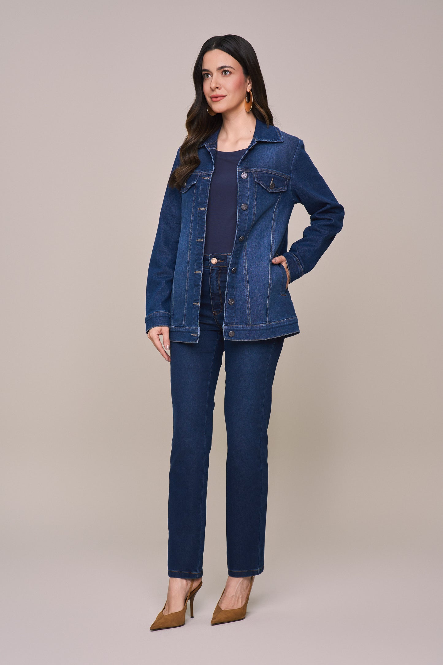 jaqueta jeans manga longa alongada com forro diferenciado