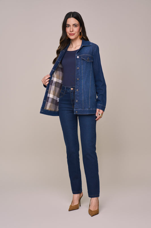 jaqueta jeans manga longa alongada com forro diferenciado