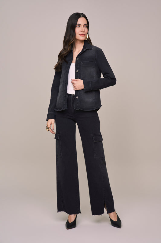 jaqueta jeans black manga longa com detalhes sobrepostos