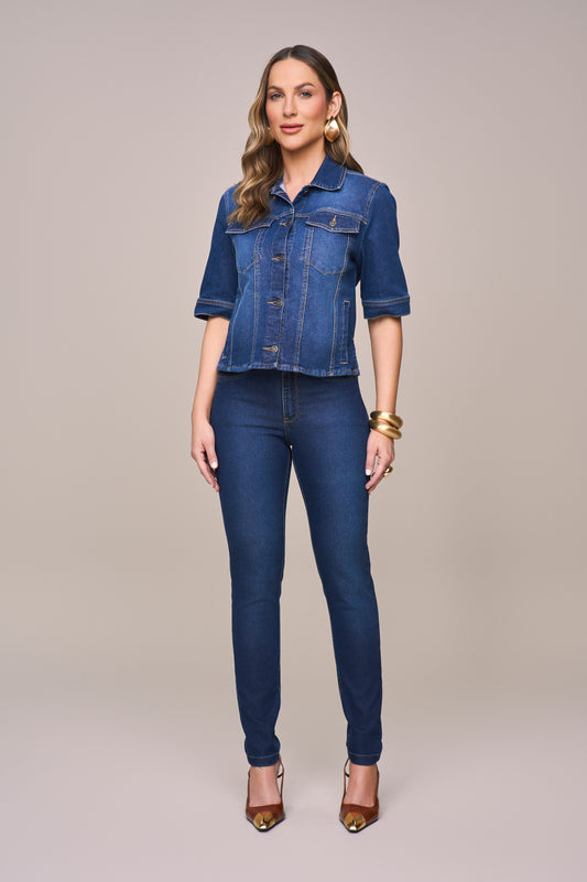 jaqueta jeans manga curta com abertura lateral