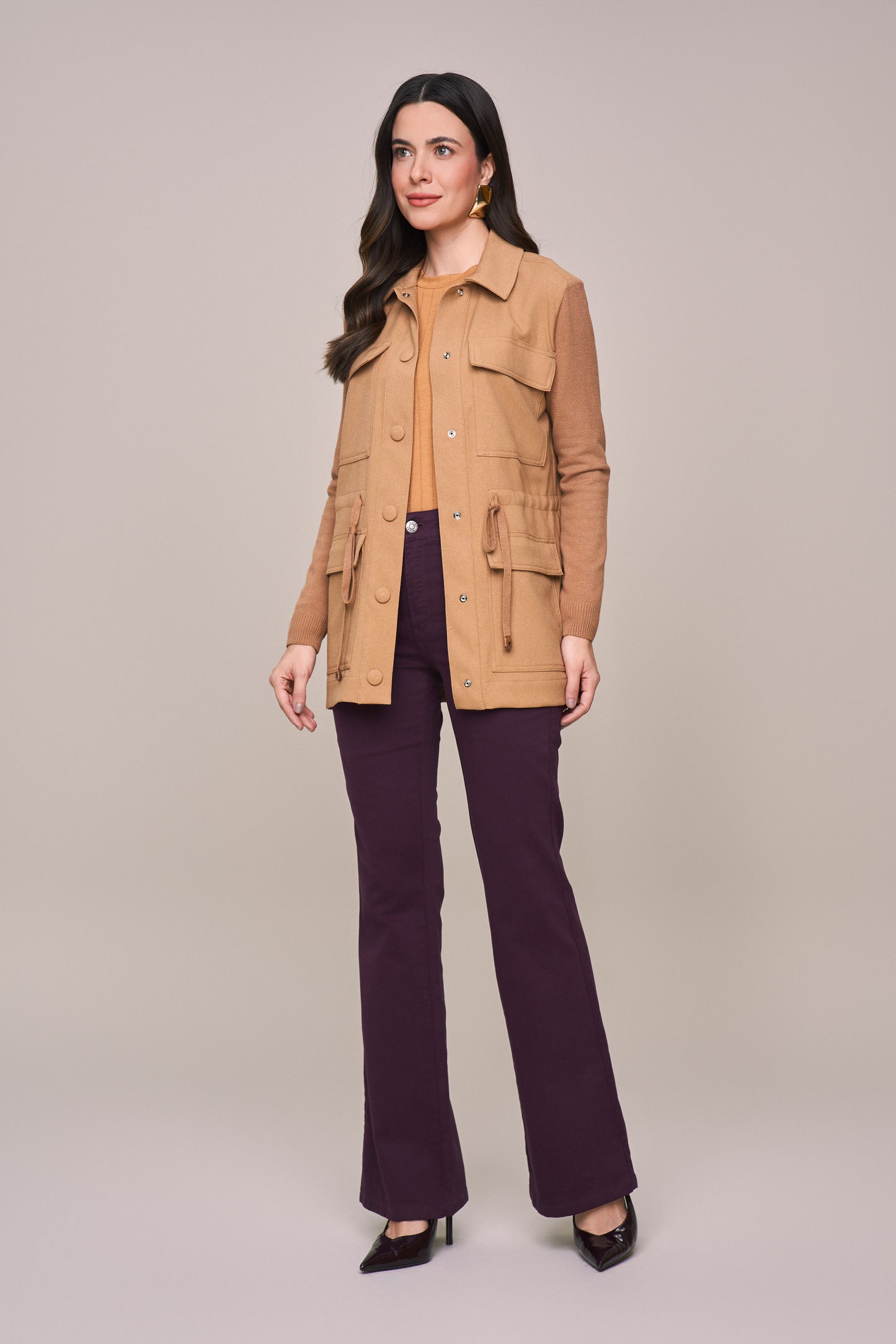 parka crepe manga longa de tricot com bolsos sobrepostos