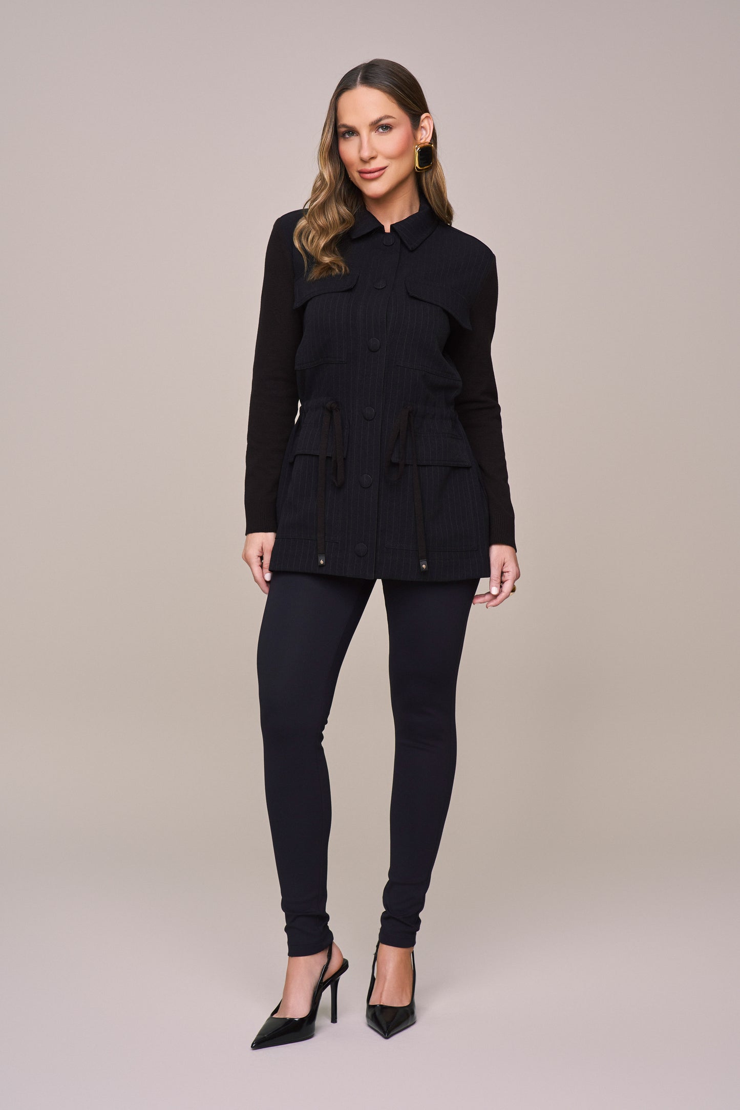 parka crepe manga longa de tricot risca de giz