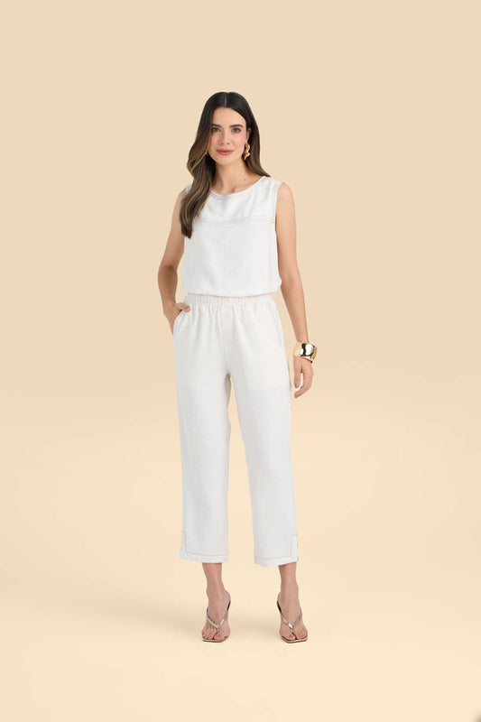 conjunto viscose regata alça larga e calça pantcropped pespontos em contraste