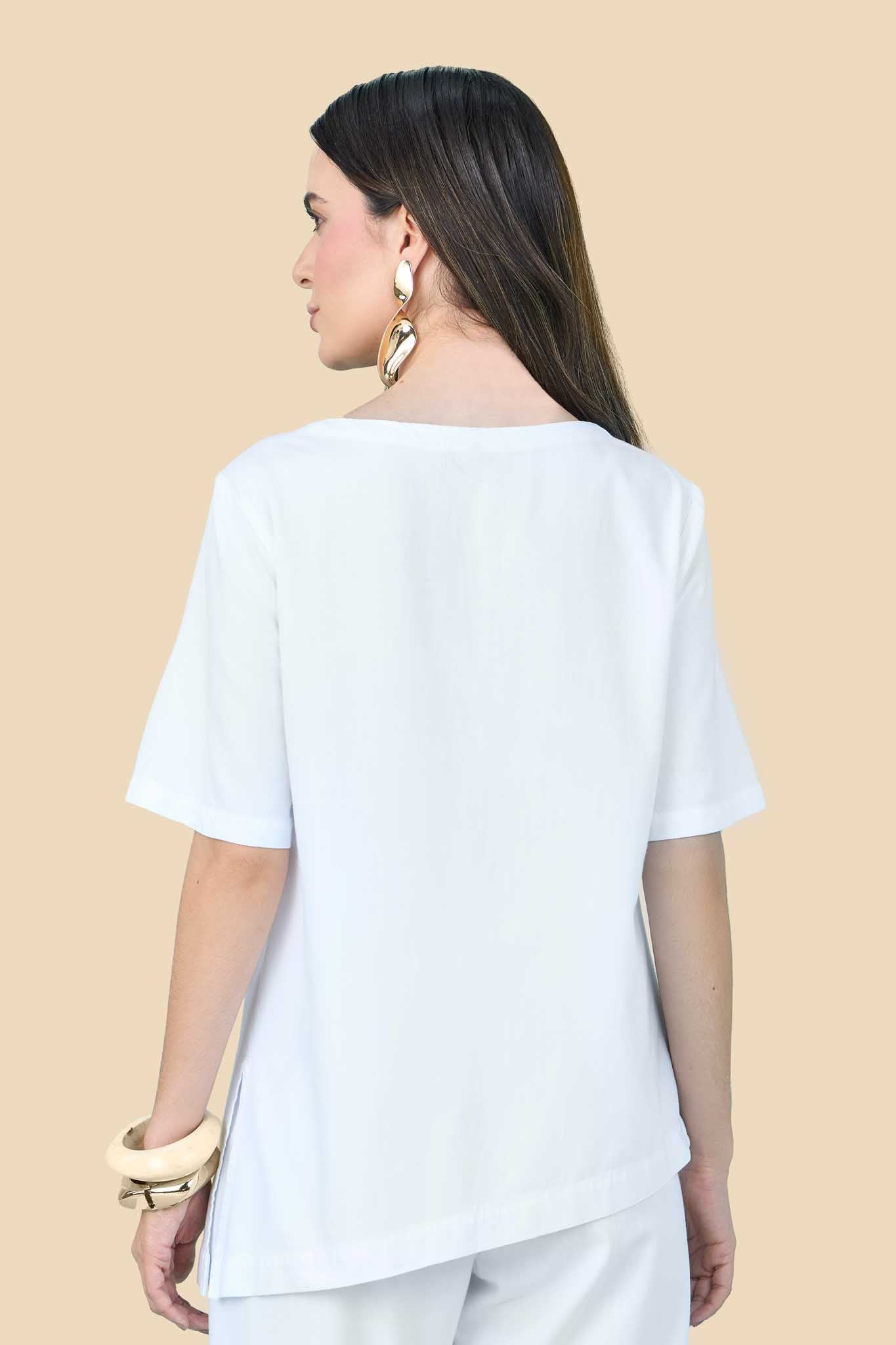 conjunto sarja blusa com assimetria e calça reta cós de elástico