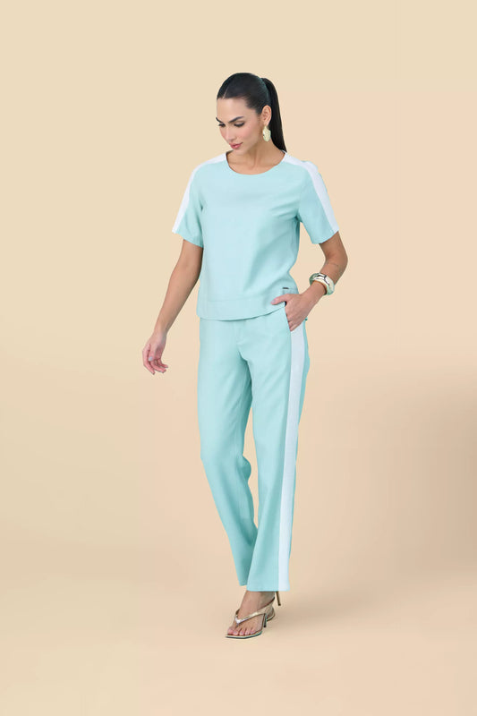 conjunto viscose blusa manga curta e calça reta com mix de tecidos