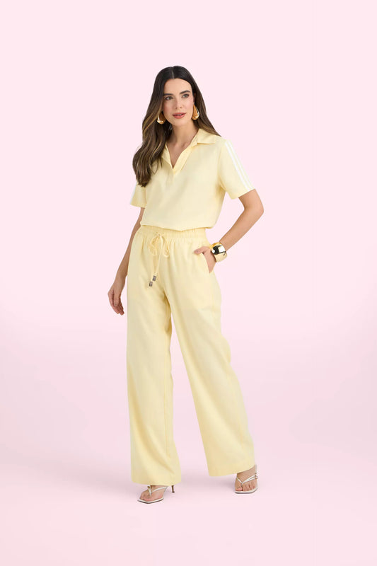 conjunto viscose blusa manga curta e calça pantalona com cós de elástico