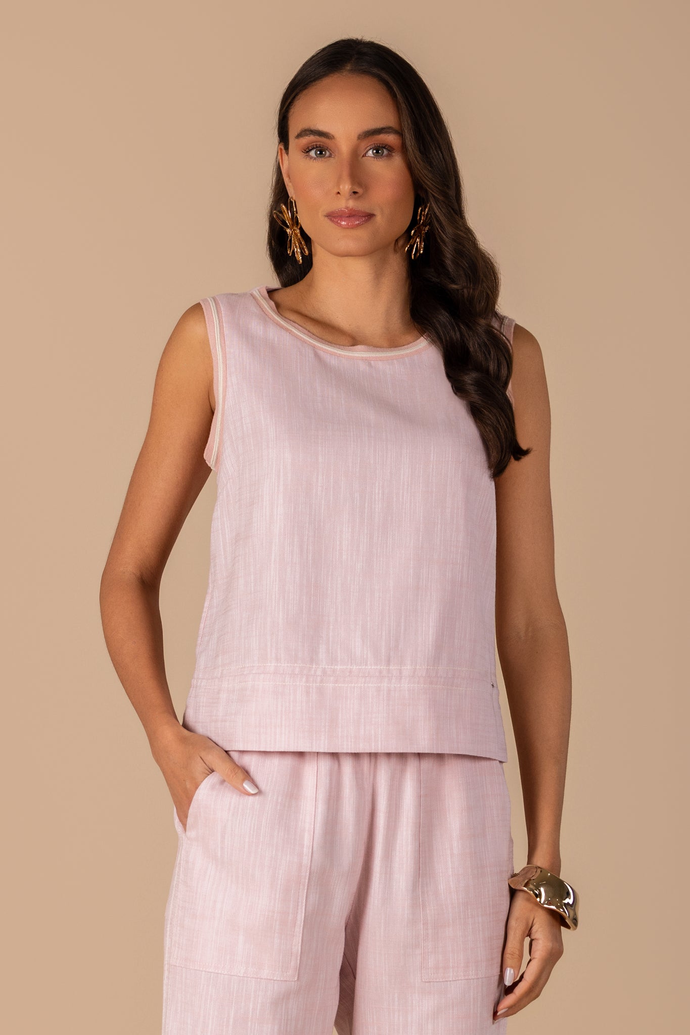 conjunto algodão regata alça larga e calça reta com elástico