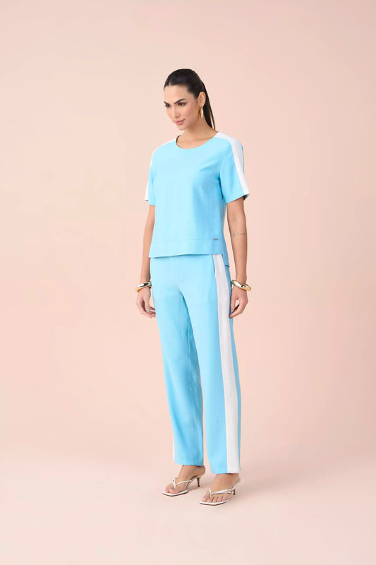 conjunto viscose blusa manga curta e calça reta com mix de tecidos