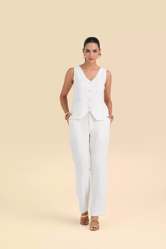 conjunto viscose colete e calça reta com lapelas
