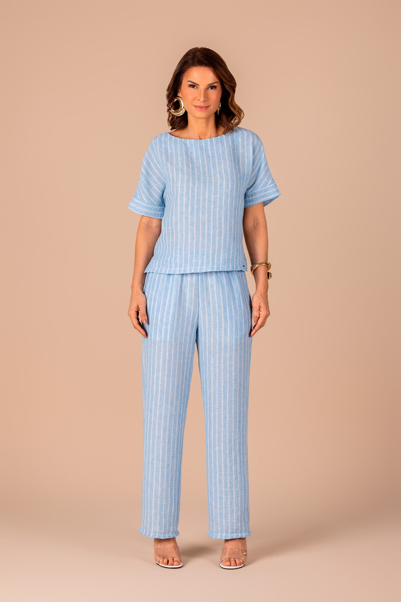 conjunto crepe blusa manga curta e calça reta cós de elástico