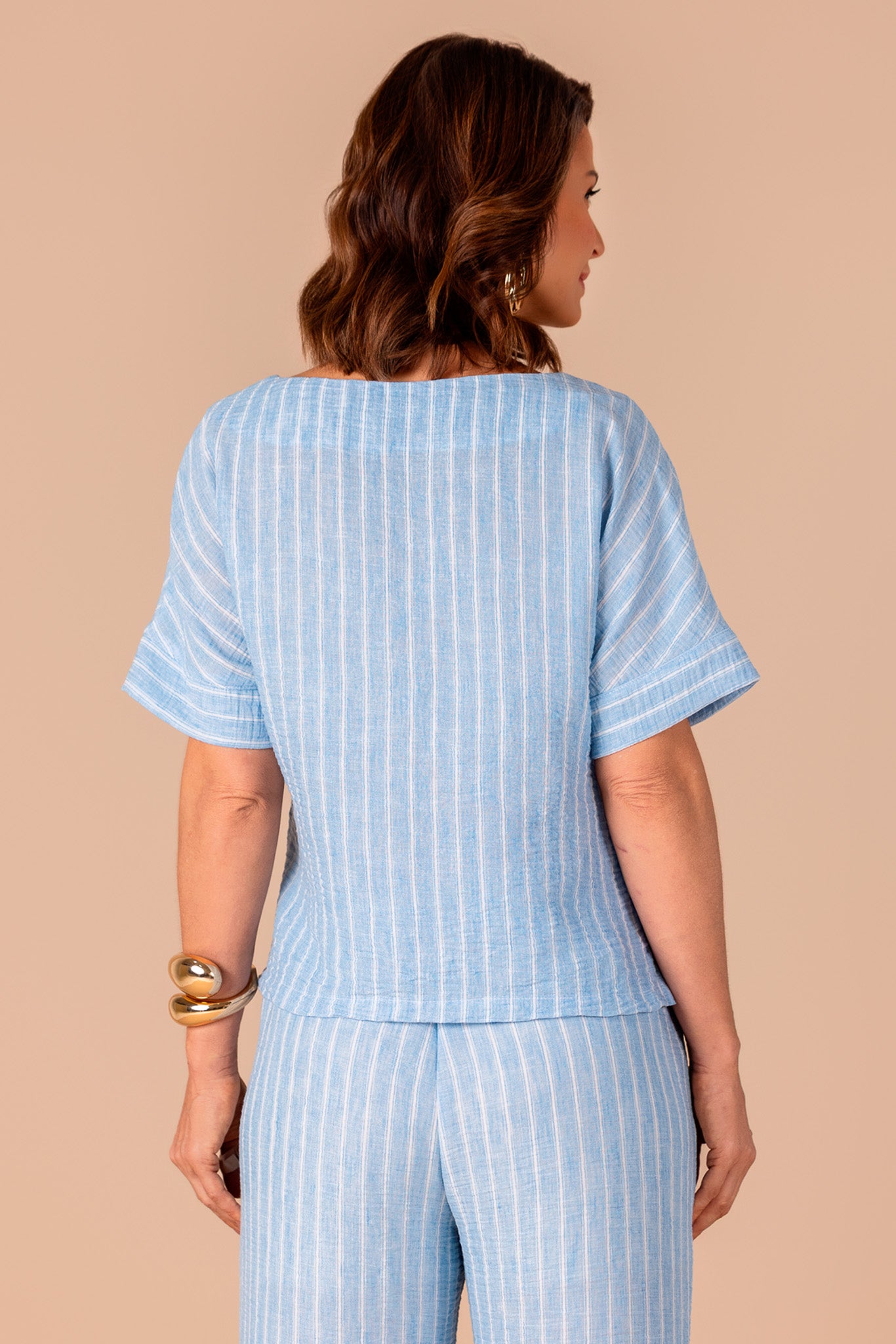 conjunto crepe blusa manga curta e calça reta cós de elástico