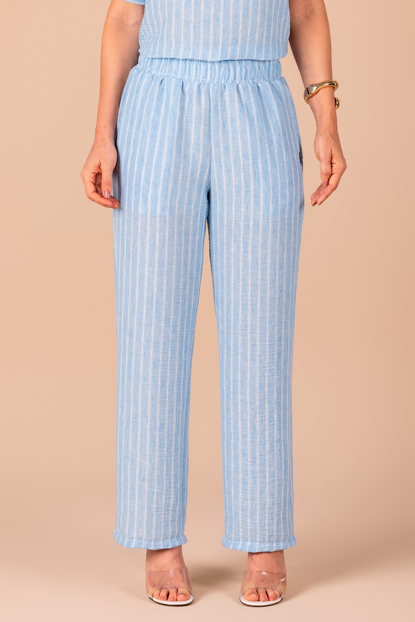 conjunto crepe blusa manga curta e calça reta cós de elástico