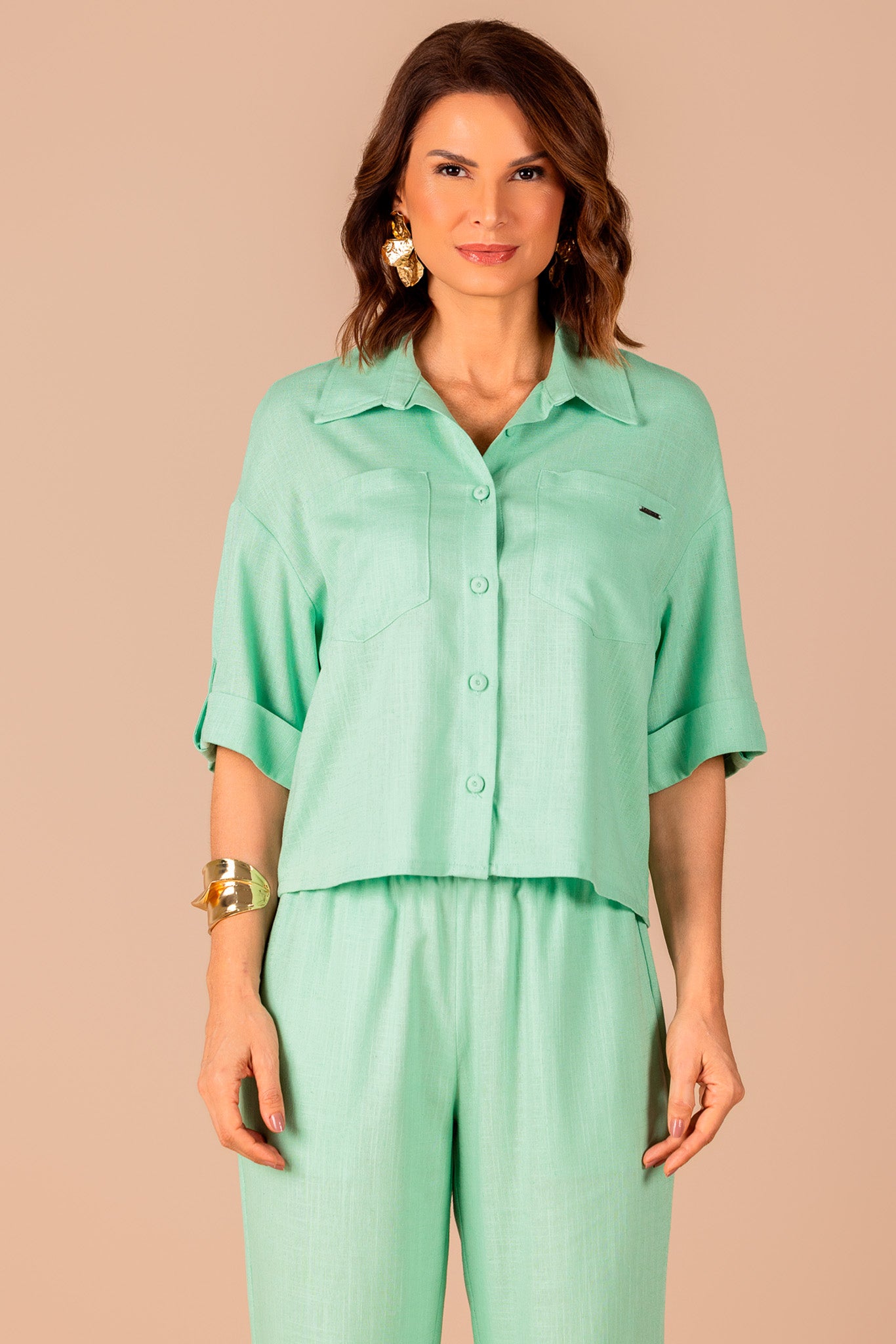 conjunto viscose camisa manga curta e calça reta cós de elástico