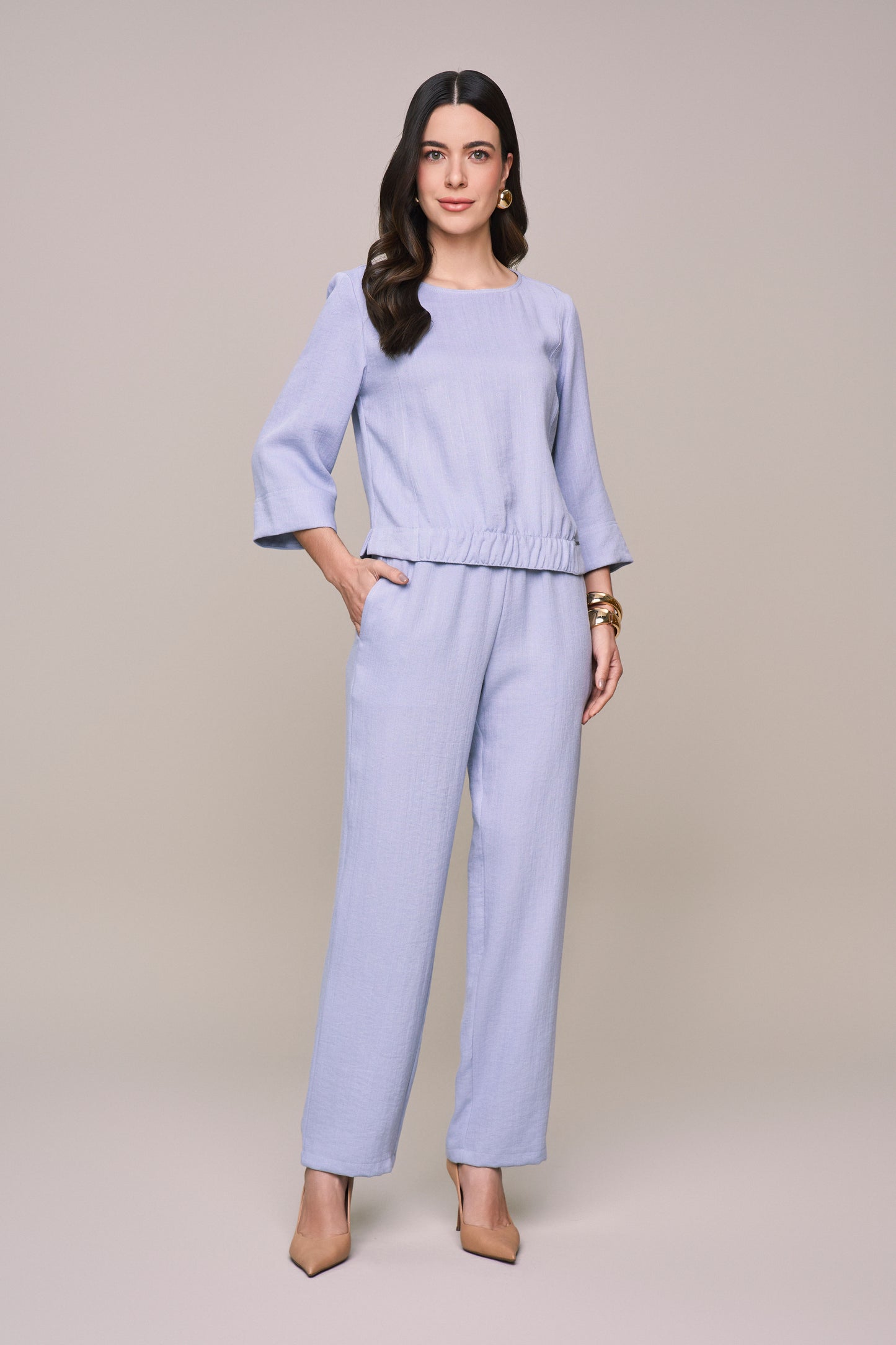 conjunto viscose blusa manga 3/4 e calça reta com intermediária