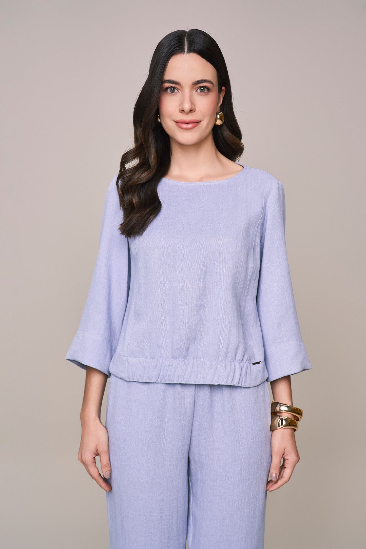 conjunto viscose blusa manga 3/4 e calça reta com intermediária