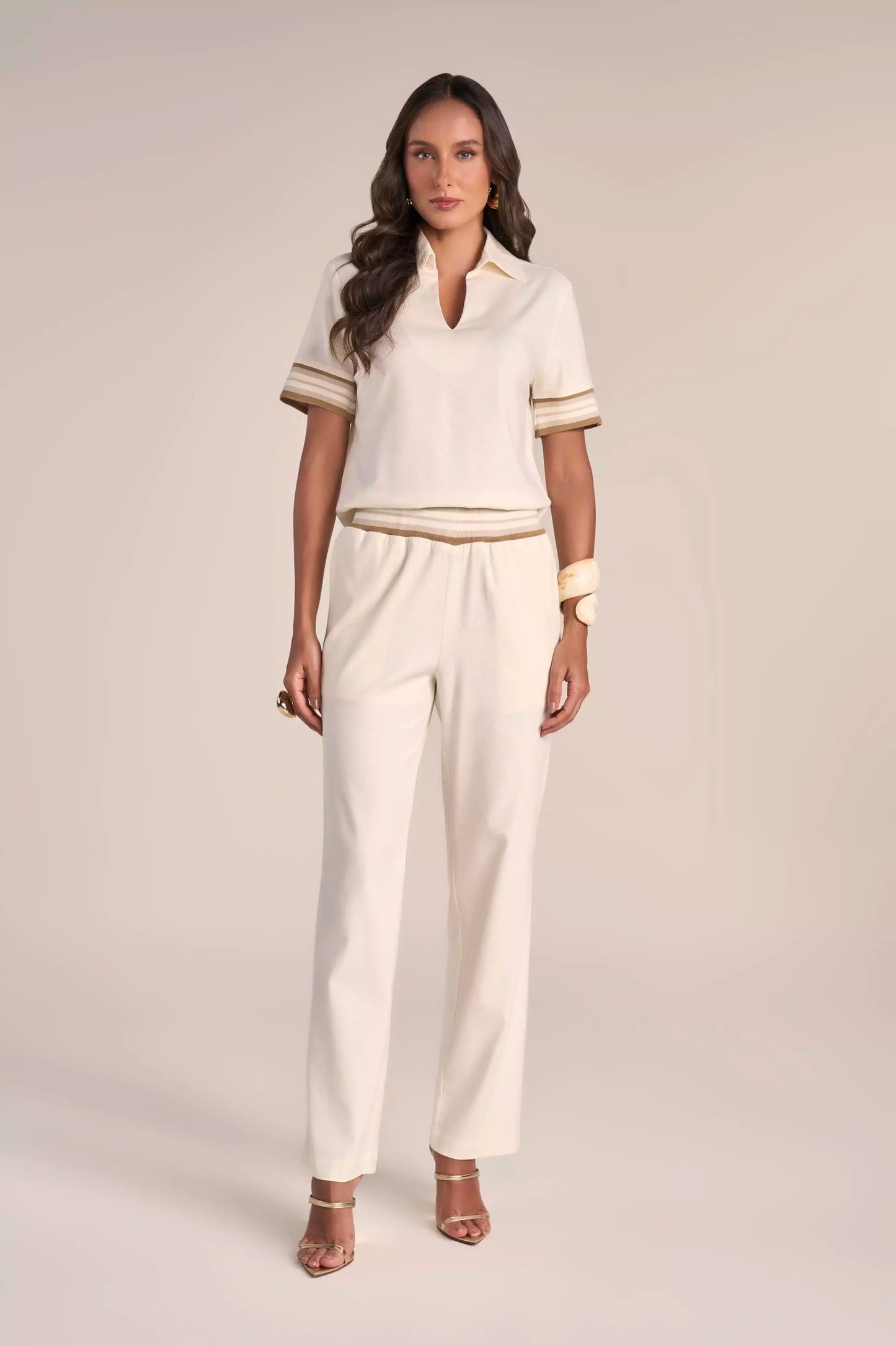 Conjunto Viscose Blusa Manga Curta e Calça Reta Cós de Tricot