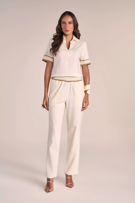 Conjunto Viscose Blusa Manga Curta e Calça Reta Cós de Tricot