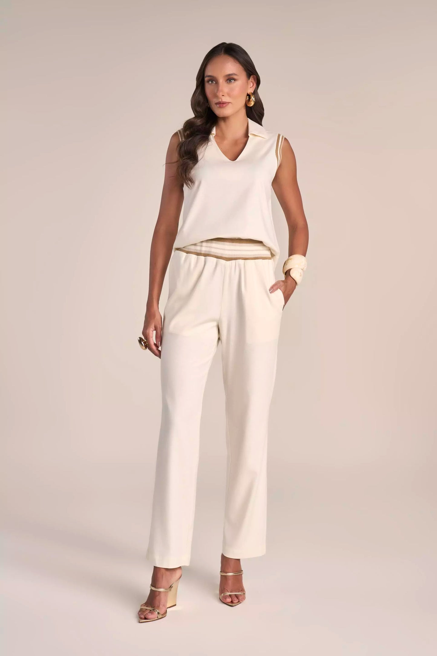 Conjunto Viscose Blusa sem Manga e Calça Reta Cós de Tricot