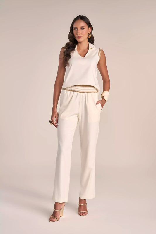 Conjunto Viscose Blusa sem Manga e Calça Reta Cós de Tricot