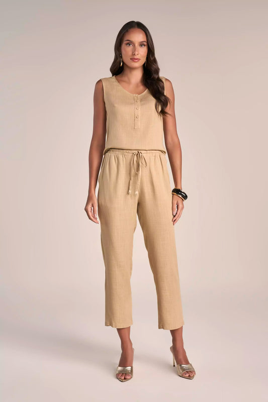 Conjunto Viscose Regata com Botões e Calça Pantcropped Cós de Elástico