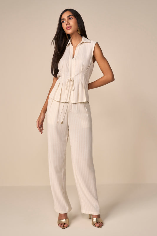 conjunto viscose blusa sem manga e calça reta com pregas